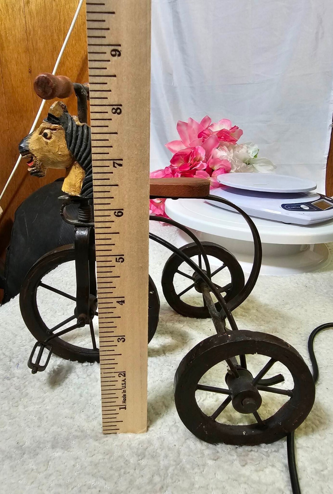 Vintage tricycle Toy Trike Bike w/ Horsehead Decor Metal & Wood Figurine 8.5tall
