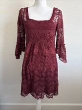Free People Red Lace Overlay Burgundy Knee Length Dress Sz S 