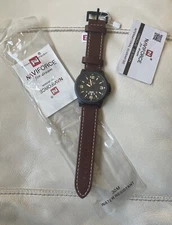 Naviforce Black Dial Brown Leather Strap Men Watch NF9028M Needs Battery