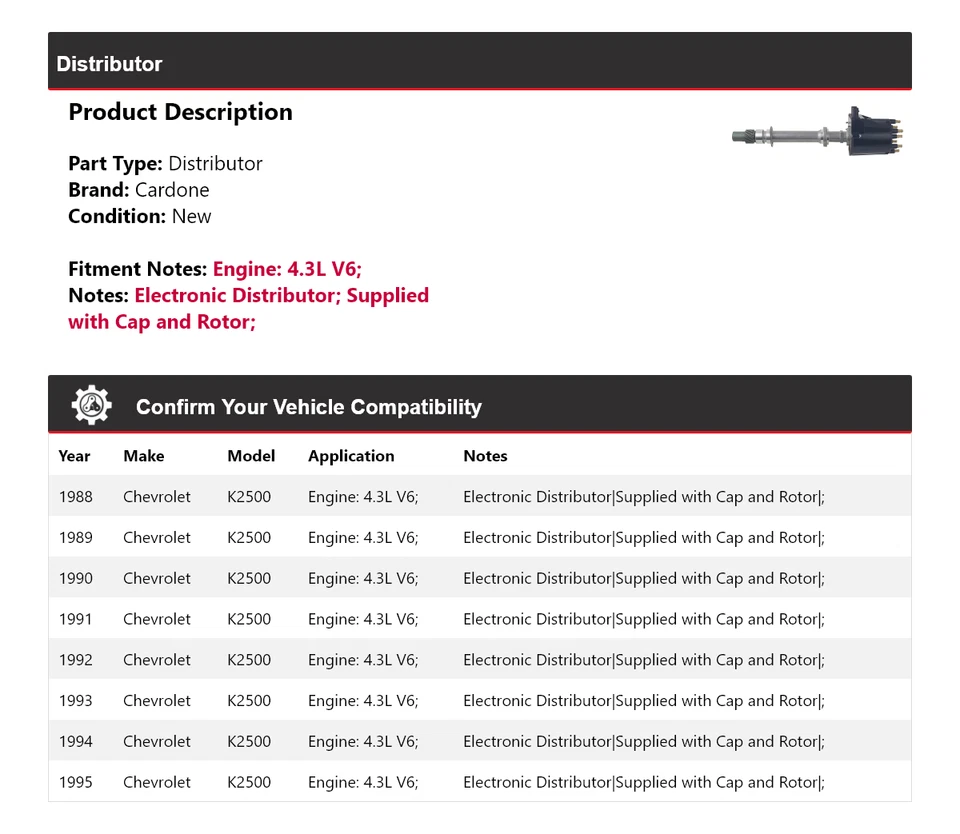 Para Chevrolet K2500 1988-1995 4,3 L V6 distribuidor Cardone 1989 1990 1991 1992 Foto 2 de 3