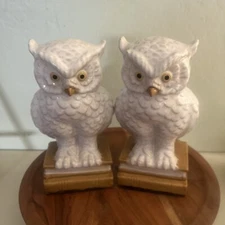 Vintage Owl White Ceramic Book Ends