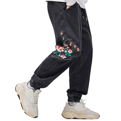 Niepce Men's Japan Flower Embroidered Streetwear Pants Urban