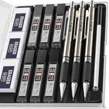 3 Pcs Mechanical Pencil Set with Case, Refills and Erasers for Drawing Writing