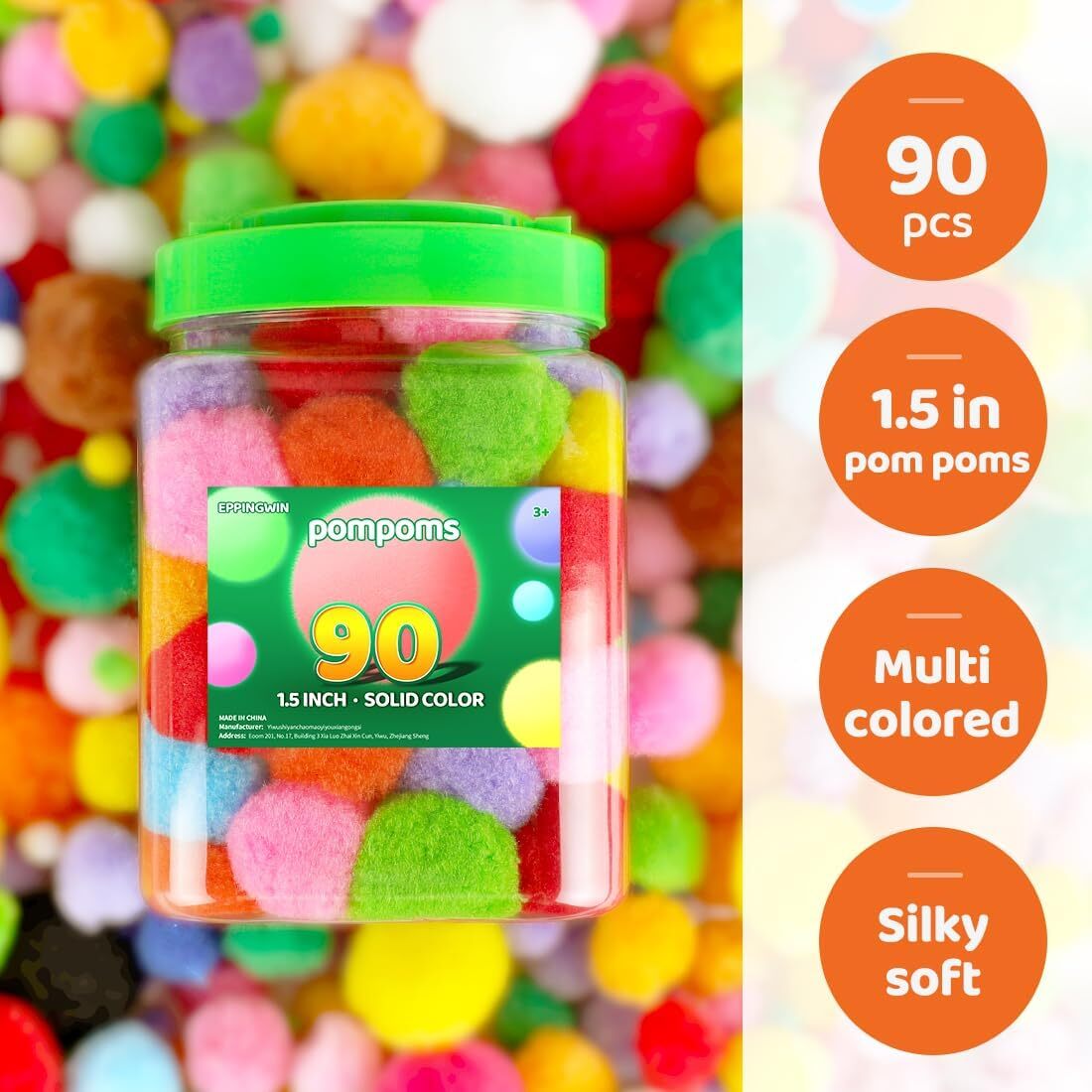 Eppingwin 90PCS Multicolor Pom Poms,1.5 Inch Soft 1.5inch, Multi