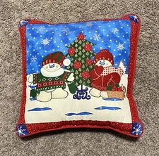 Vintage Christmas Snowman Throw Pillow Winter Snowflakes Colorful Cute Country