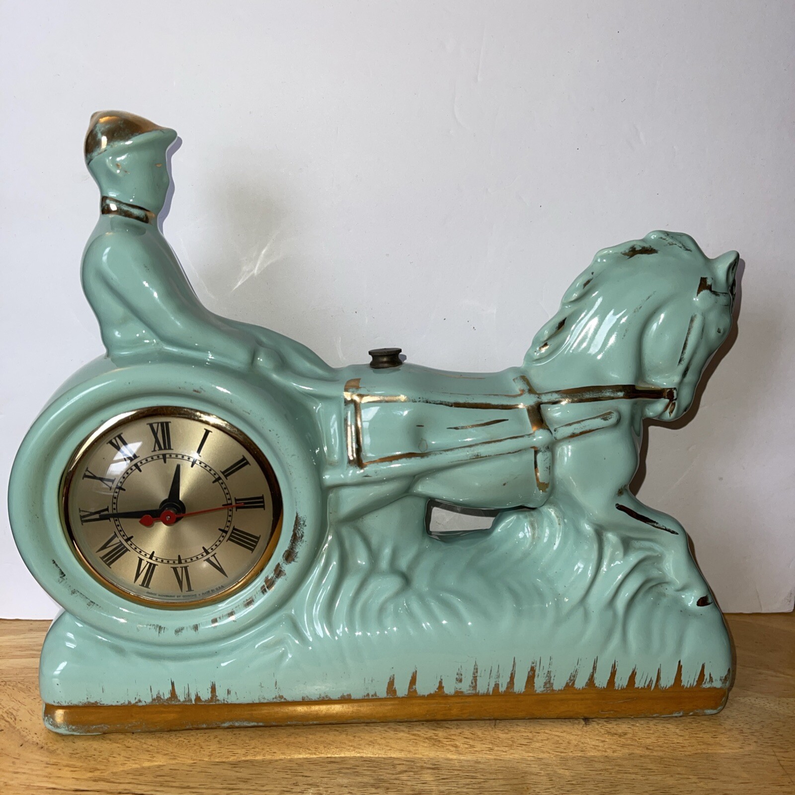 Vintage Ceramic Trotter Harness Racer Horse Session Clock-Needs Repair Gold Gilt