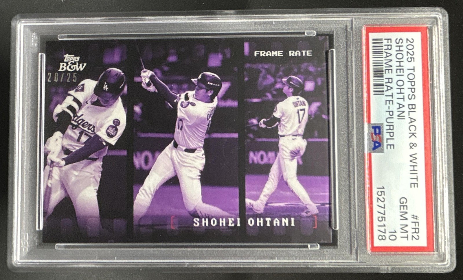 2025 Topps Black and White Shohei Ohtani Frame Rate Purple #/25 Dodgers PSA 10