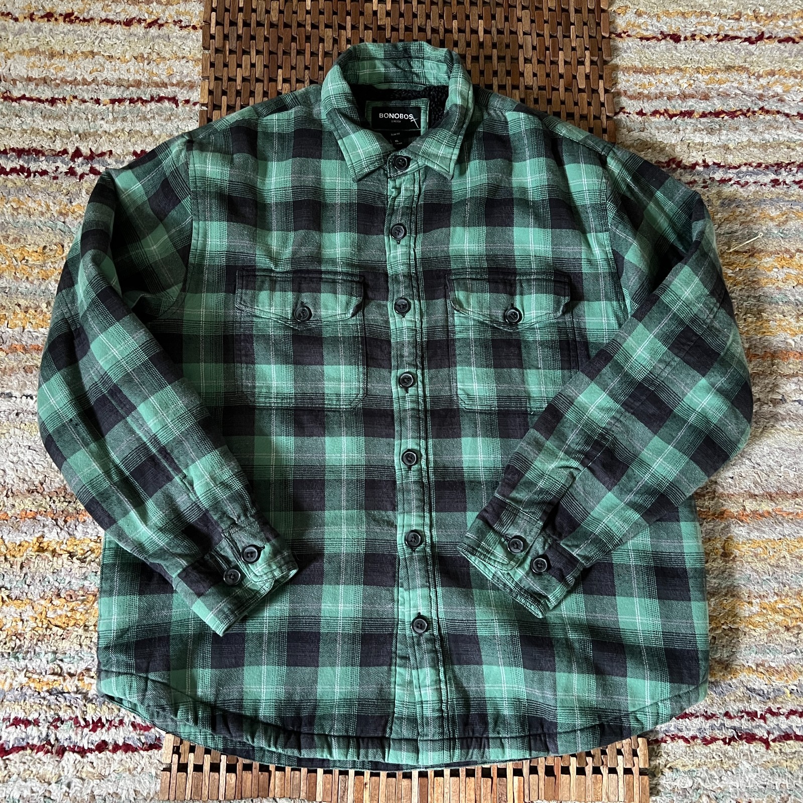 Bonobos Sherpa Lined Button Down Shirt Jacket Green Plaid Men's Size XL