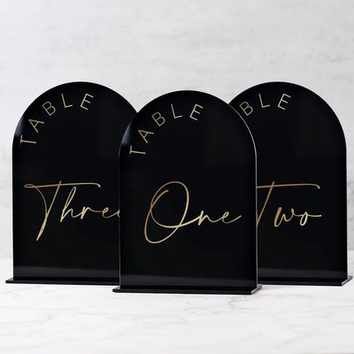 10 PCS 5x7 Inch Black Arch Wedding Table Numbers 1-10 with Stands Gold Font