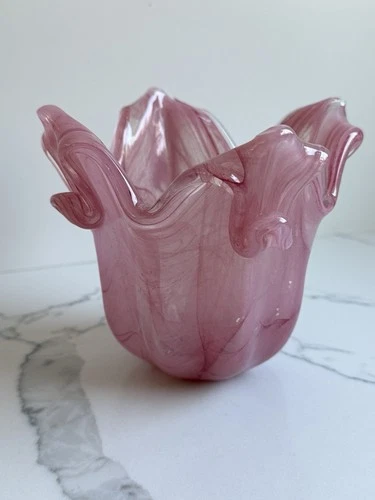 Vintage Murano Handblown Pink Glass Candle Vase 5"  Bowl Italian Antonio Tommoro