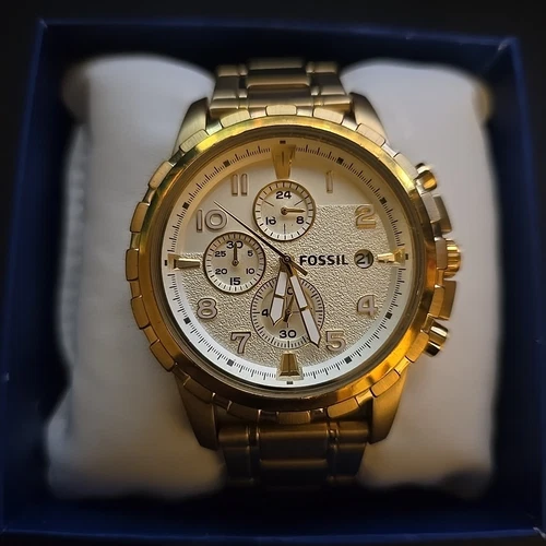 Men's Fossil Dean FS4867  Chronograph Date Gold Tone Watch  New Battery EX COND