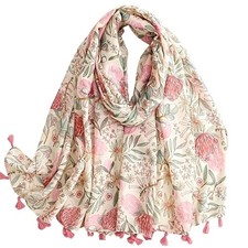 Floral Pink  White Lightweight Tassel Scarf   Boho Shawl Wrap 34 x 70