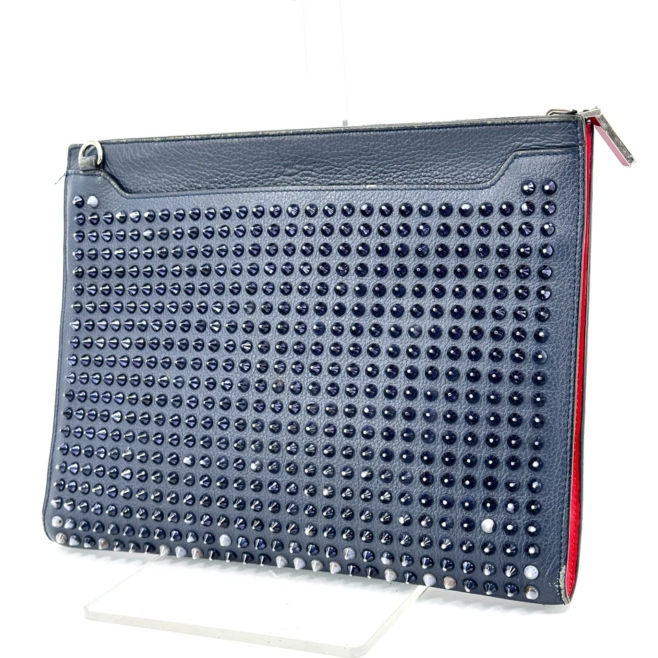 Christian Louboutin Leather Spiked Studded Clutch Bag Blue Navy Unisex Pouch - Image 4 of 4