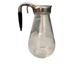 VTG Glass Syrup Pitcher Creamer Metal Handle Black Knob Ribbed Base MCM Retro