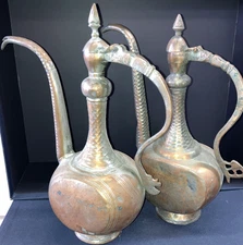 Antique 19th Century Pair of Qajar Copper Hammered Pitcher Islamic Teapots