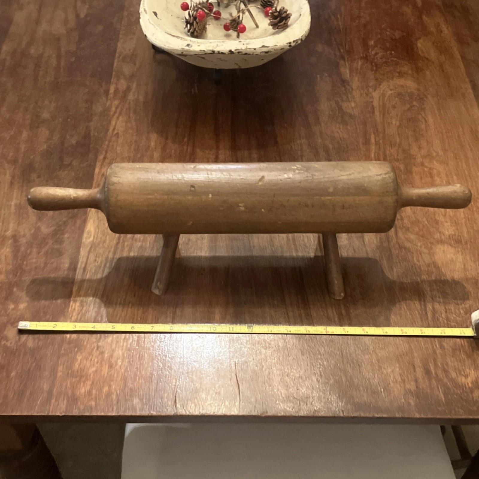 Vintage Handmade Wooden Rolling Pin with Handles & Stand, 18in Brown Solid