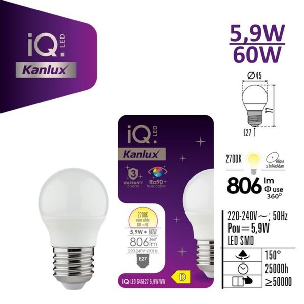 ŻAróWka Led E27 IQ-LED G45E27 5,9W-WW 806Lm 2700K Barwa CiepłA 36697-image