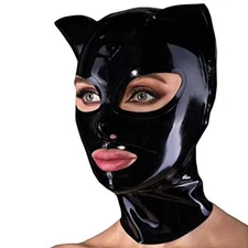 Black Latex Hood with Cat Ears Back Zipper Open Eyes Mouth Rubber Mask Cosplay
