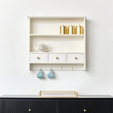 Large Ivory Wall Shelf Unit with Drawer Storage and Hooks