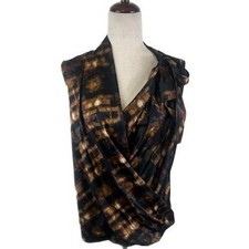 Elie Tahari Women's Size Small Black Brown Abstract Print Sleeveless Wrap Blouse