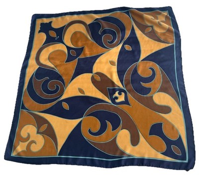 VTG Made in Italy Silk Scarf Women s Square Mustard Blue Print 30  Hand Rolled