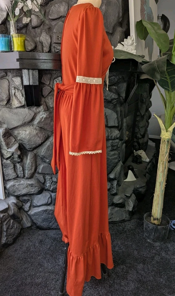 Vestido Estilo Pradera Años 70 De Colección Naranja Poli Boho Renacimiento Festival Con Cordones Pequeño Foto 3 de 4