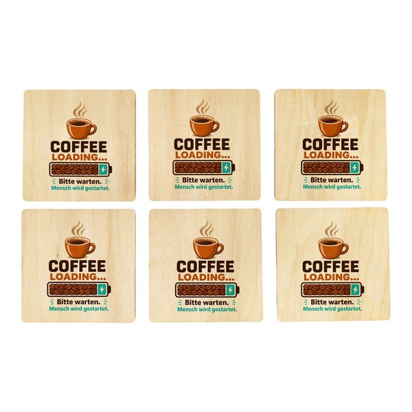 6Er Set Untersetzer Holz Coffee Loading - Bitte Warten Spruch Mit Spruch:-image