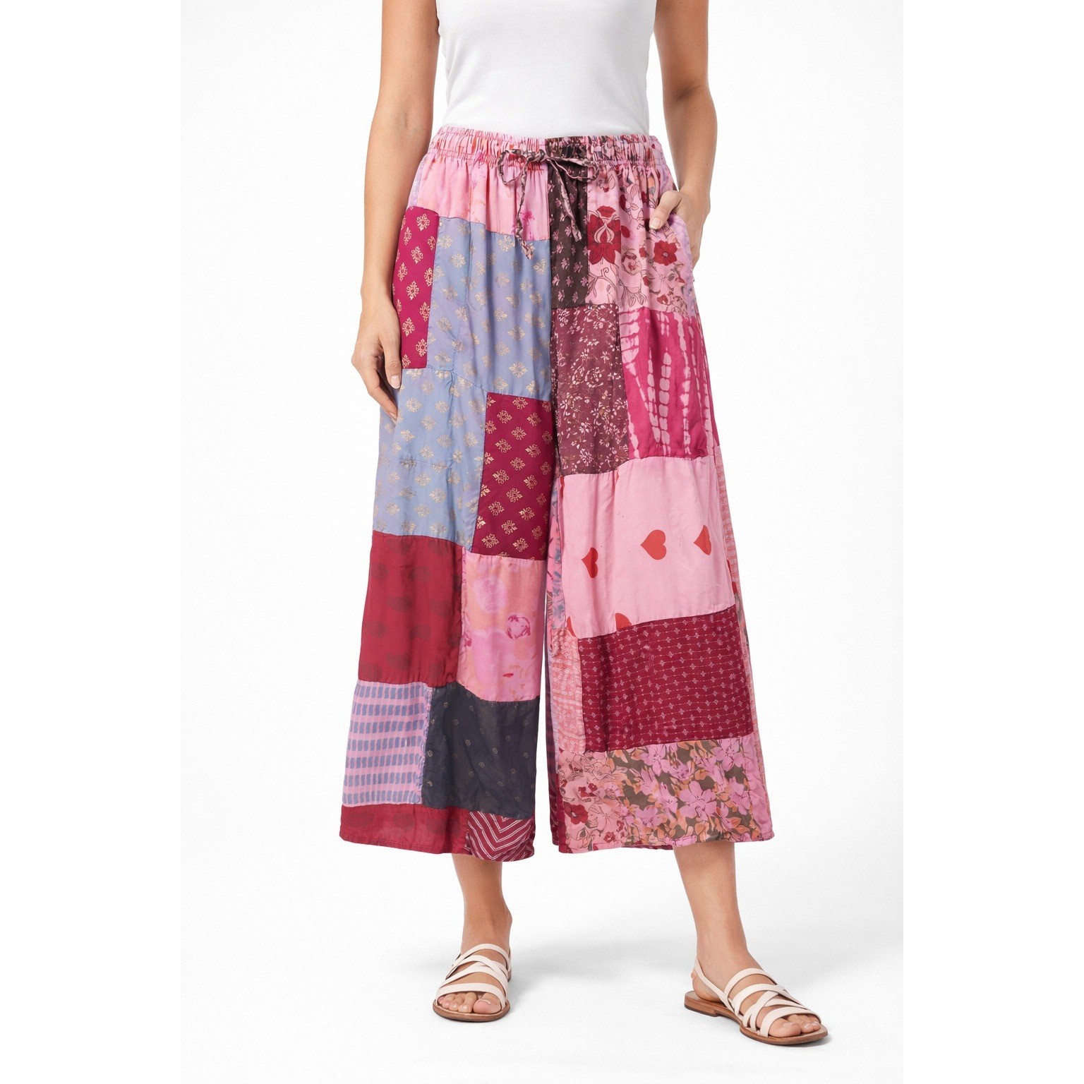 Patchwork Wide Leg Pants Drawstring Love Valentin… - image 1