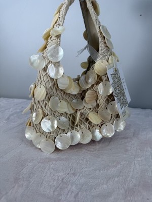 Saki Shell Embellished Macrame Shoulder Bag Cream