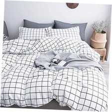 Duvet Cover Set Grid, 90x90 Soft Bedding Cover, Luxury Cool Queen White Plaid