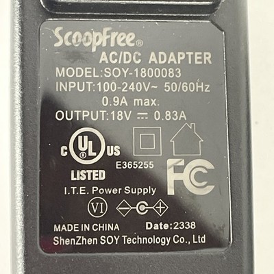 Scoop Free Litter Box OEM AC Adapter 18V 400ma Model # SOY-1800083