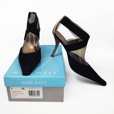 Nine West Black Satin Pumps Elastic Ankle Strap Size 9M Gold Heel Never Worn Box