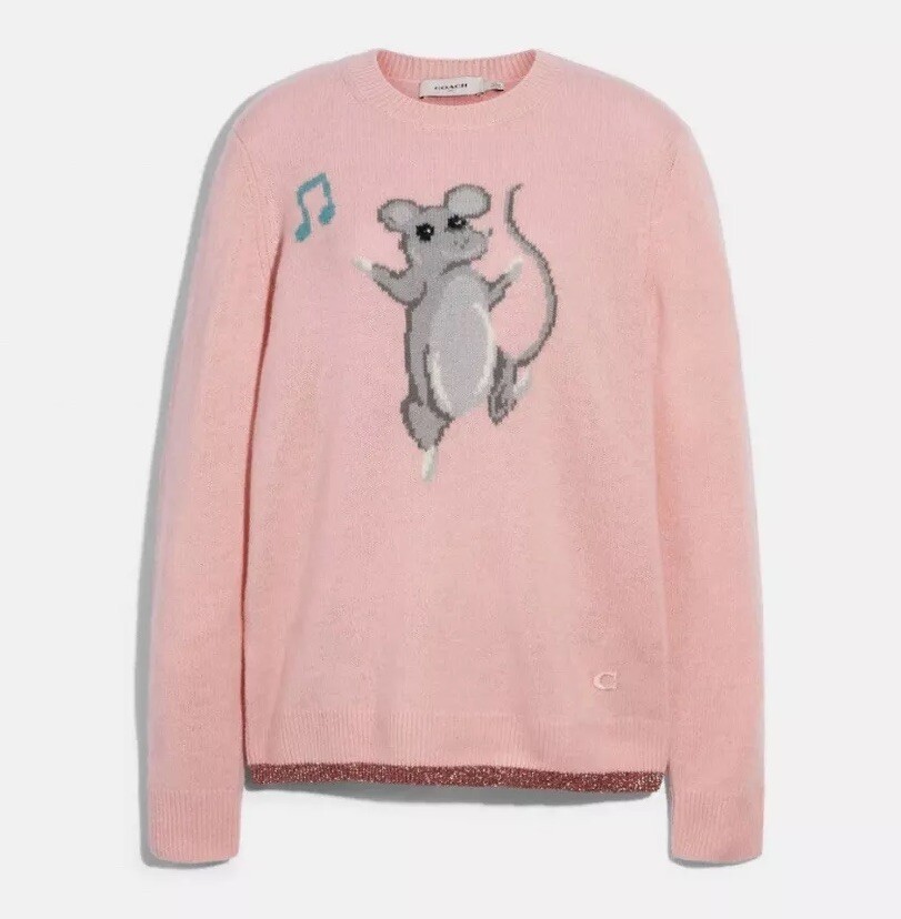 Coach Pink Intarsia Crew Neck Pullover Sweater Party Mouse Wool