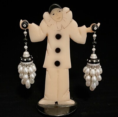 Sophia D Platinum Pearl Onyx Diamond Earrings Art Deco Style, Weddings 28.7g