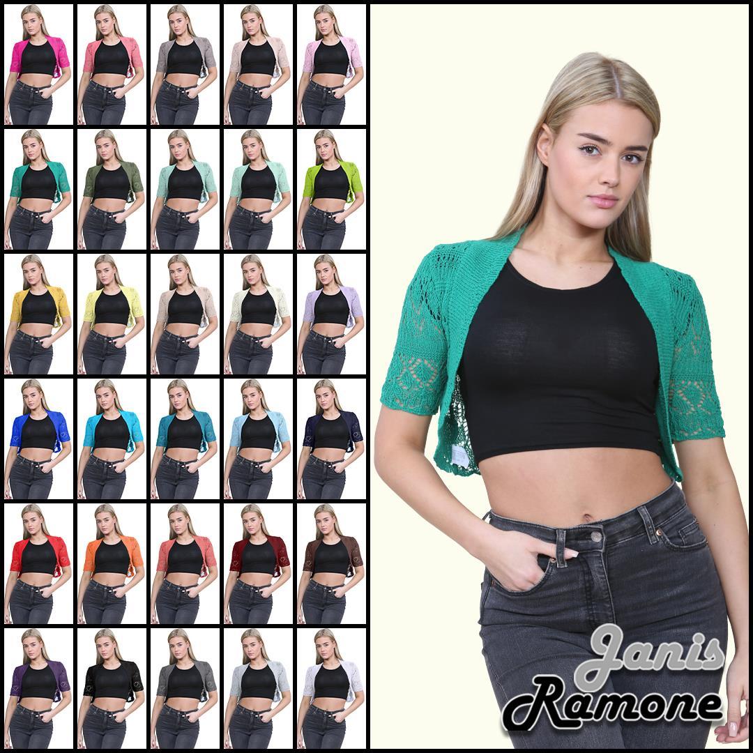 Womens Crochet Cardigan Bolero Shrug Short Sleeve Knitted Open Shrug Top  16-22