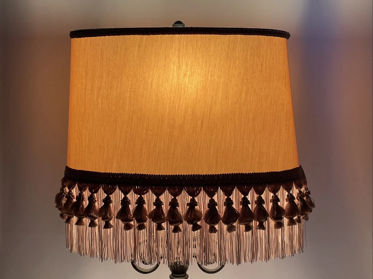 Victorian Art Deco Lamp Shade Oval Drum Bouillotte Beige Gold Tassel Fringe 18