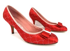 SALVATORE FERRAGAMO Carla Quilted Red Satin Fabric Bow Vara Heel Pumps Size 6