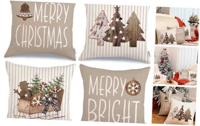 Christmas Pillow Covers 18 x 18 Inch Set of 4, Striped 18 x 18-Inch Brown-image