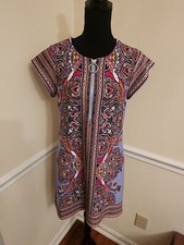 MELISSA PAIGE BLUE PAISLEY PRINT DRESS W/FRONT 1/4 ZIPPER & CAP SLEEVES