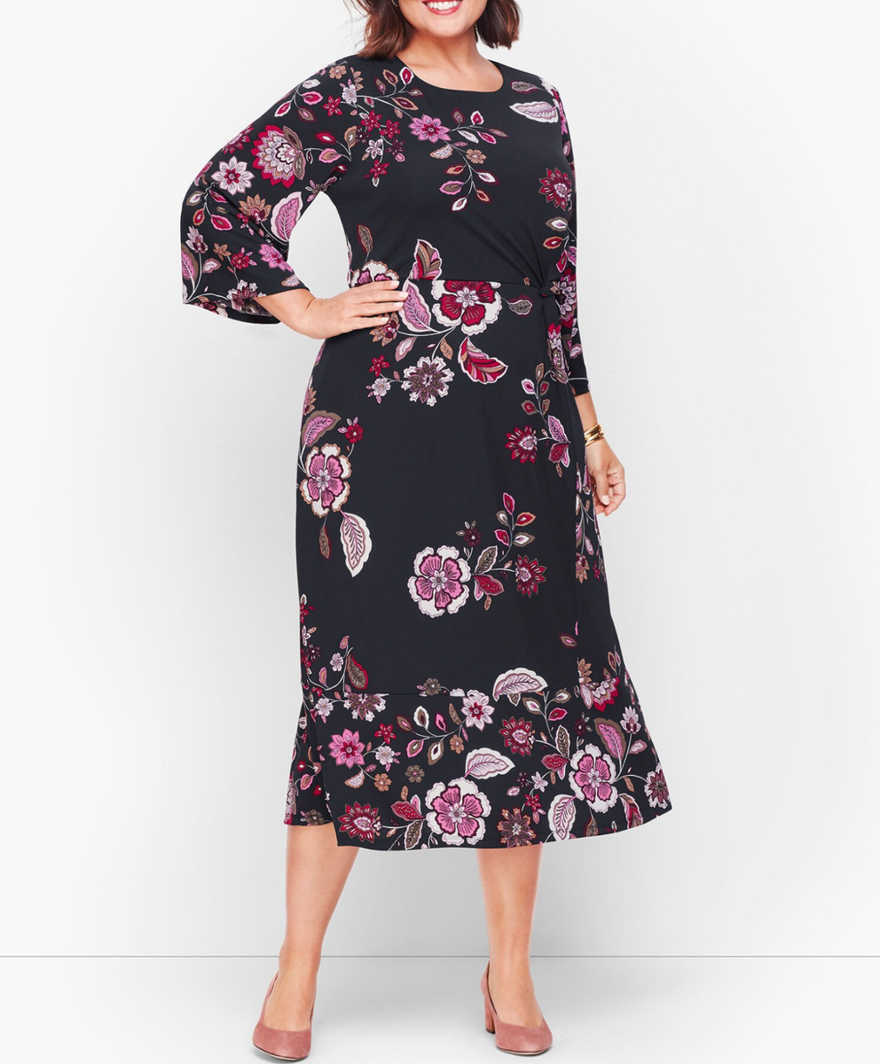 talbots jersey midi dress WOMEN'S MULTICOLOR 3/4 SLEEVE PRINTED RUCHED Sz 24W mens vintage outerwear
