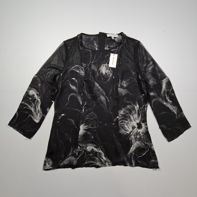 Milly Damen Seidentop schwarz 10 UK/6 US Blumenmuster 3/4 Ärmel Bluse Netzeinsatz Oberteil