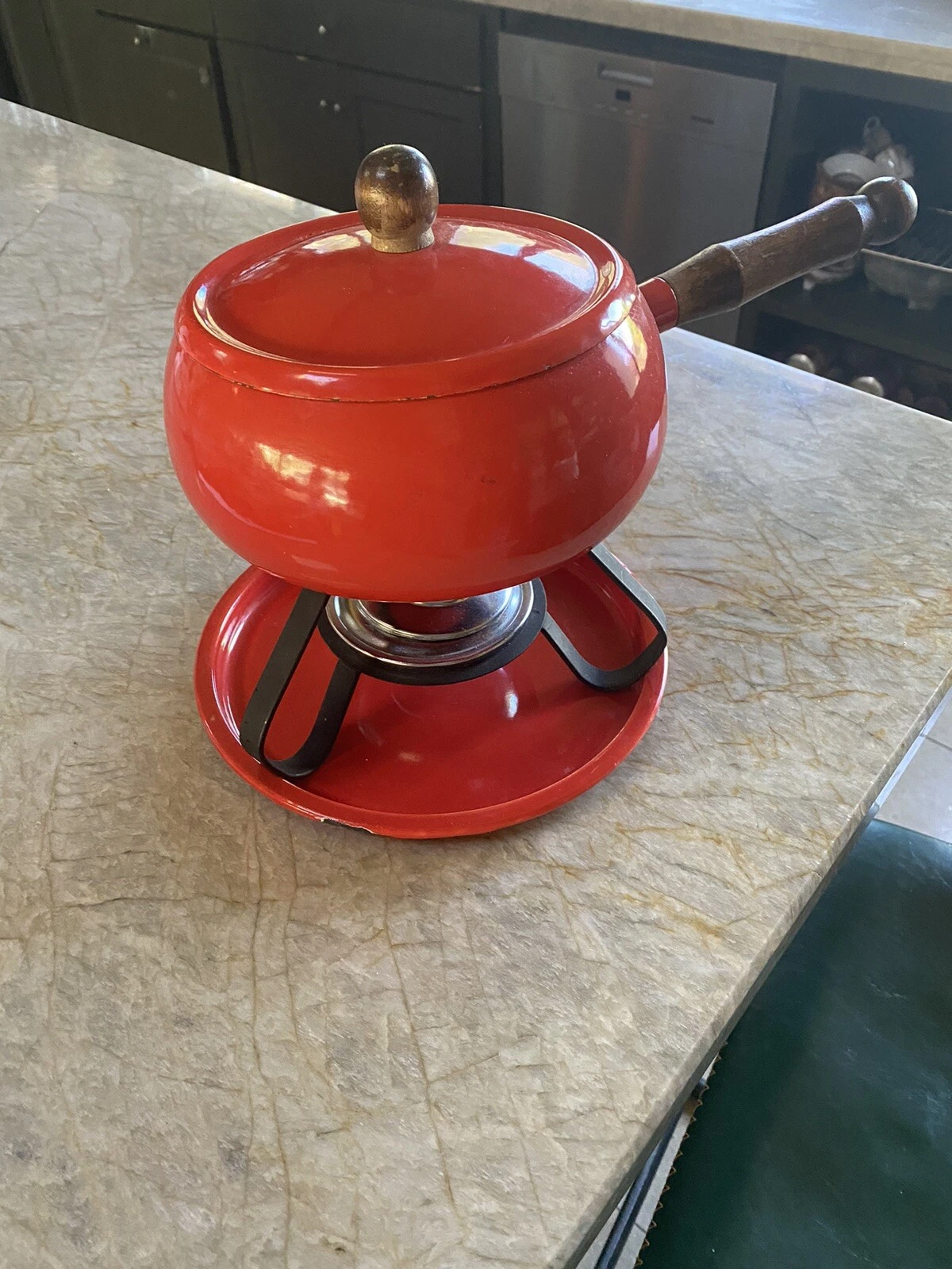 Fondue Pot Set Vintage 1960'Bright Orange Enameled