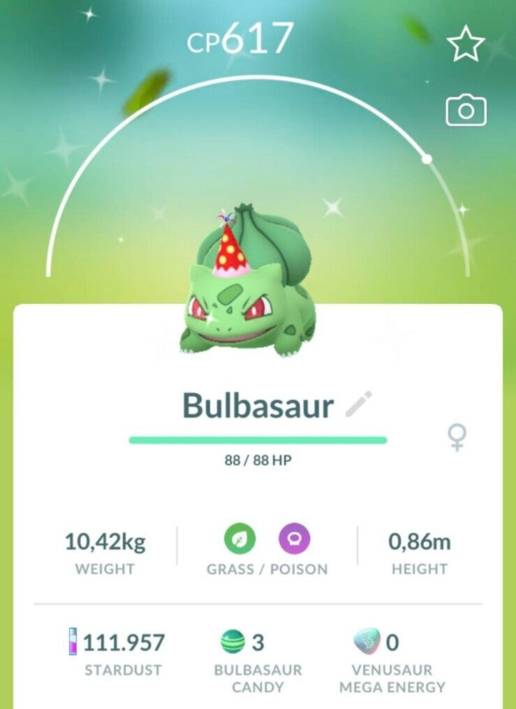 Pokémon GO Shiny Bulbasaur Wearing Hat – Trade 20.000 stardust