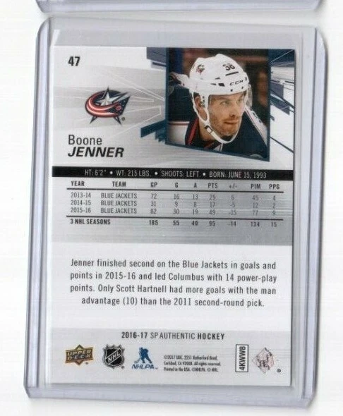 2016-17 SP Authentic Hockey Base Card # 47 Boone Jenner Columbus Blue Jackets - Image 2 of 2