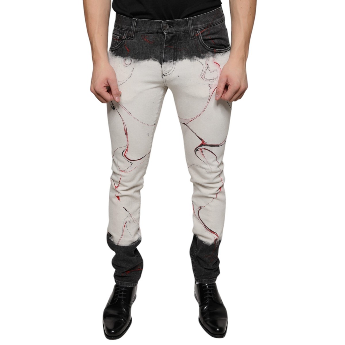 DOLCE & GABBANA Jeans Black White Printed Skinny Men Denim IT48