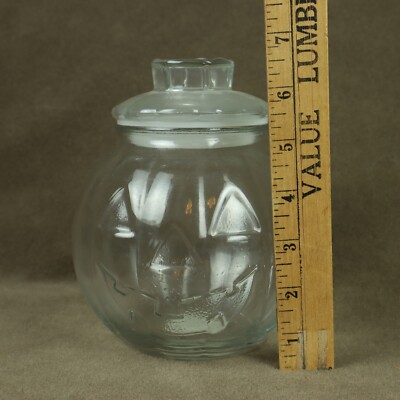 VTG Halloween Libbey Glass Pumpkin clear jar w air-tight lid Jack-o-lantern 6.5''