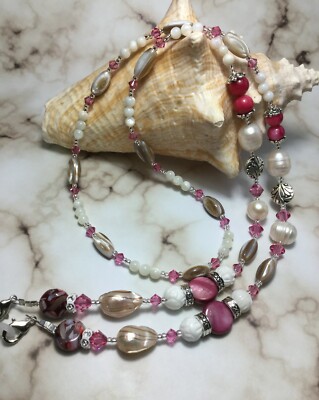 Handmade Mother Of Pearl Shell Swarovski Crystal Element Eyeglass Chain USA 