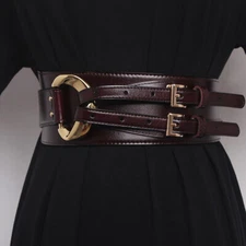 Women Cowhide Leather Corset Belt Double Prong Buckle Wide Waistband Decorative