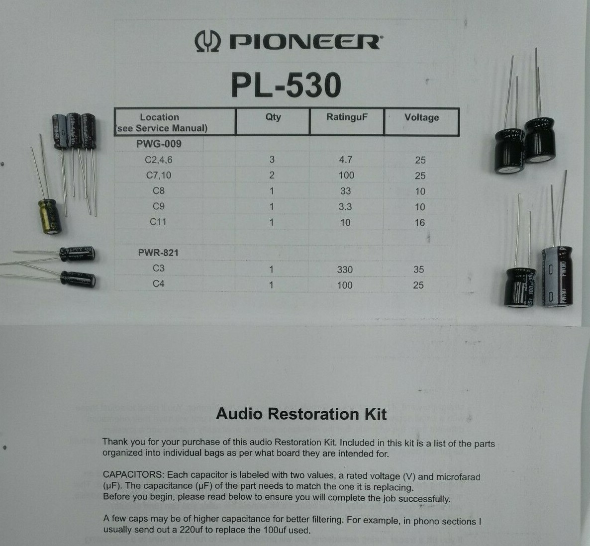 Pioneer PL-5 PL-420 Kit riparazione velocità condensatori set Pioneer PL-5 PL-420 Kit riparazione velocità condensatori set