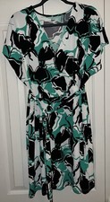 Nine West green and black floral print jersey knit faux wrap dress Size XXL